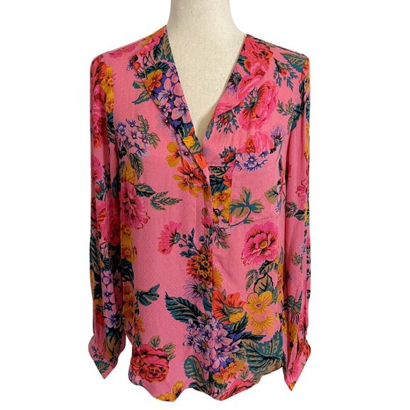 Anthropologie Maeve Long Sleeve Top Pink Floral Size 4 Collared Button Down - Picture 4 of 7